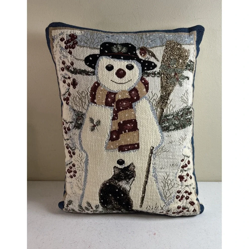 Vintage Holiday Winter Snowman Pillow Tapestry Cat Kitten Anne Mortimer 12